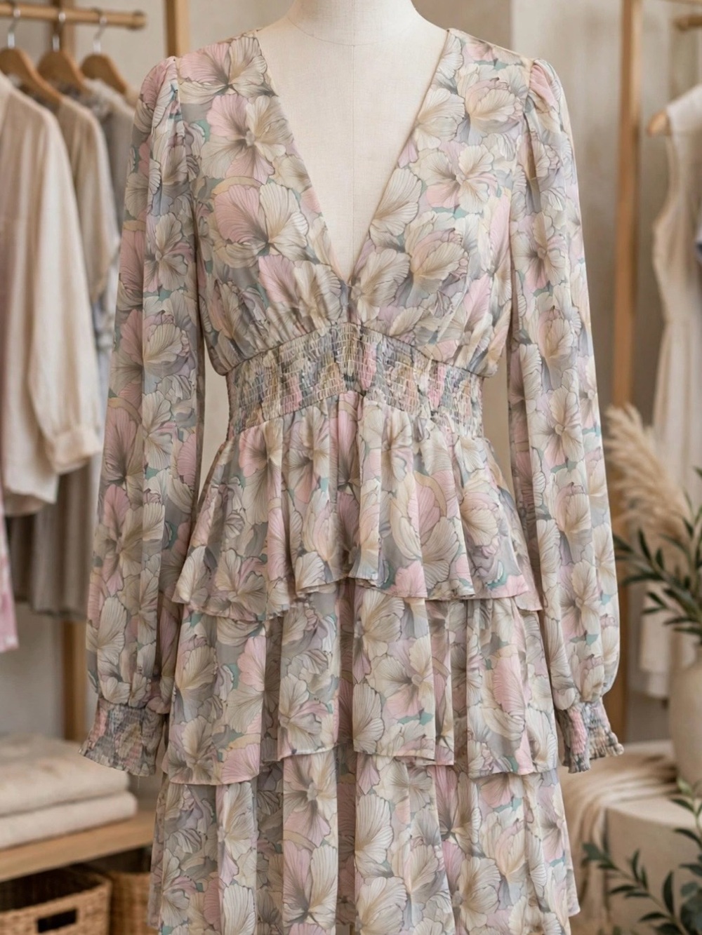 Floral Tiered V-Neck Long Sleeve Dress in Pastel Pink